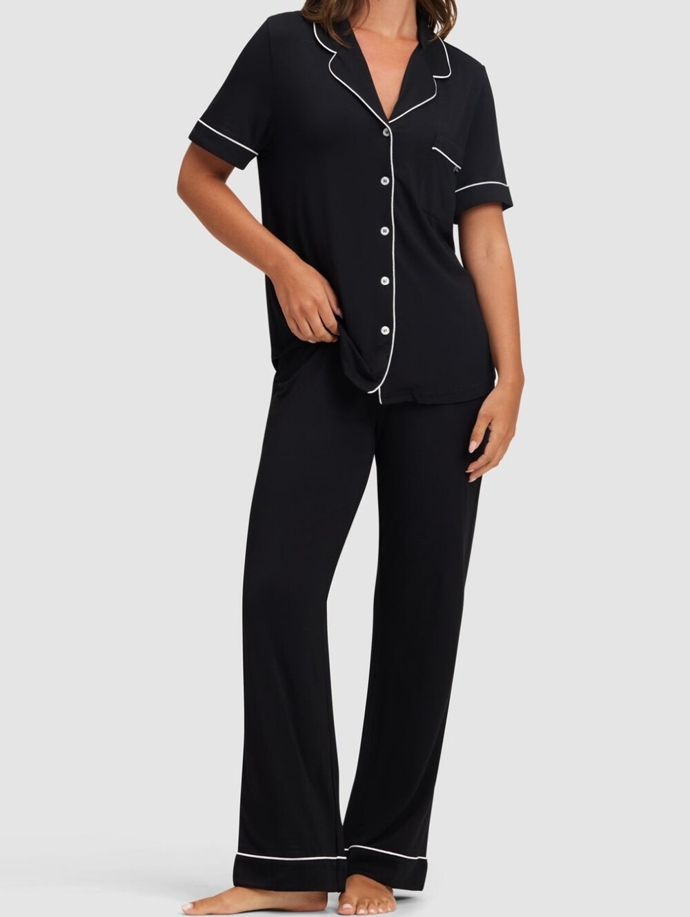Women's Bamboo Stretch-Knit Short Sleeve Pajama Set In Black With White Piping